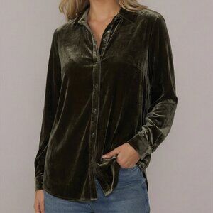 Eileen Fisher Black SILK Velour Velvet button down women's long shirt $298 New